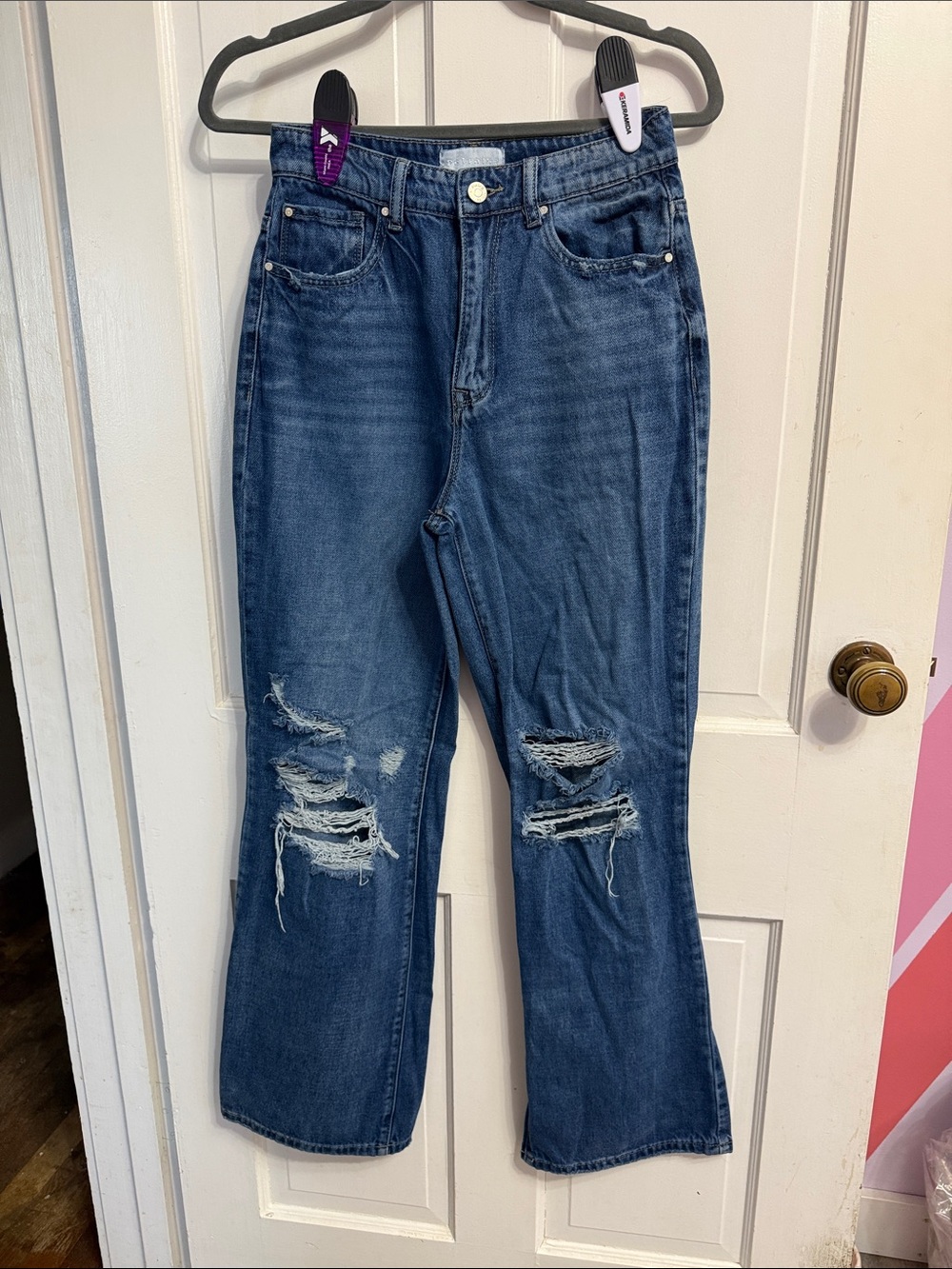 High-Rise Distressed Flare Jeans in Dark Blue